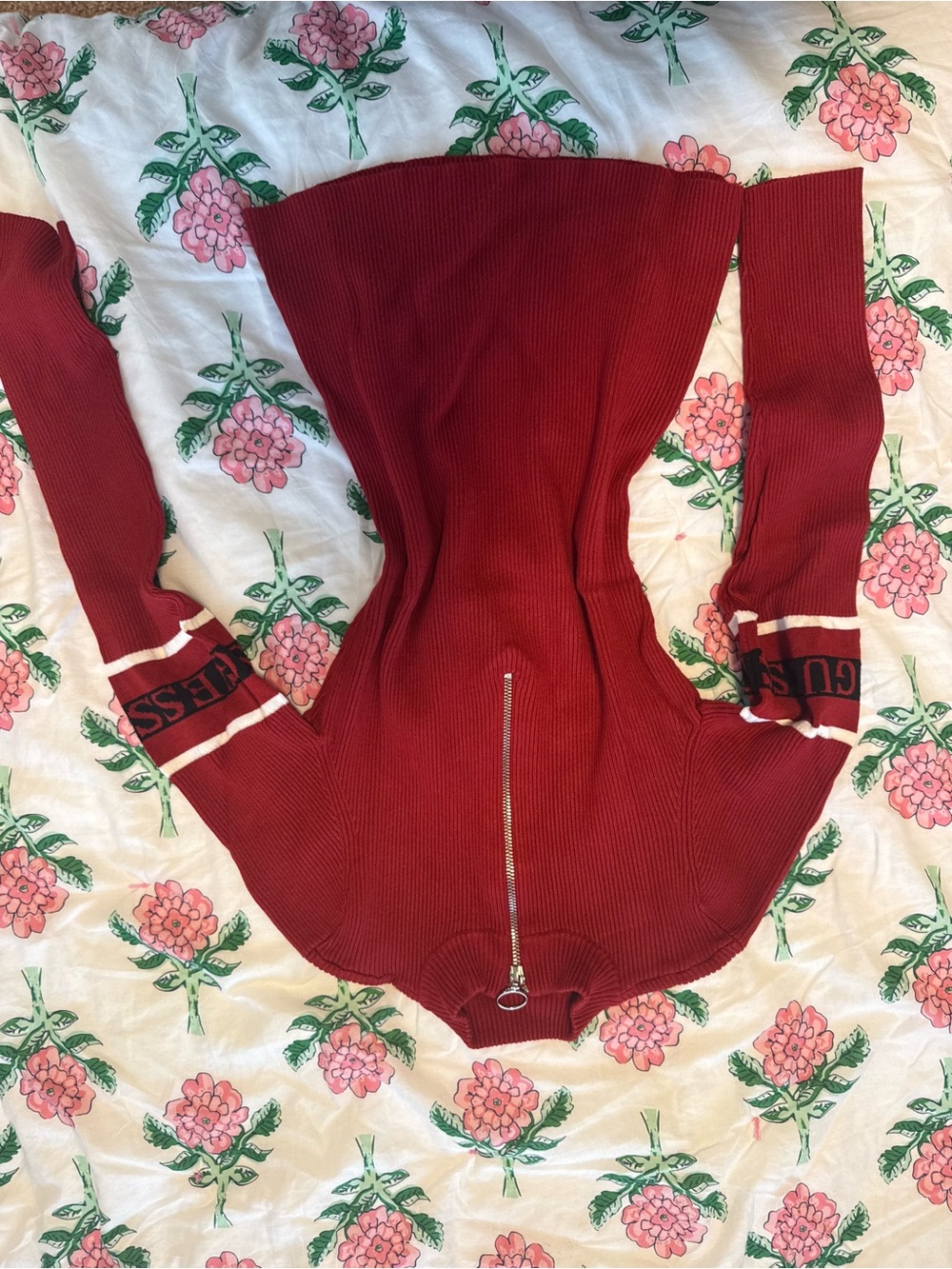 Guess Burgundy Ribbed Half-Zip Sweater with Logo Cuffs